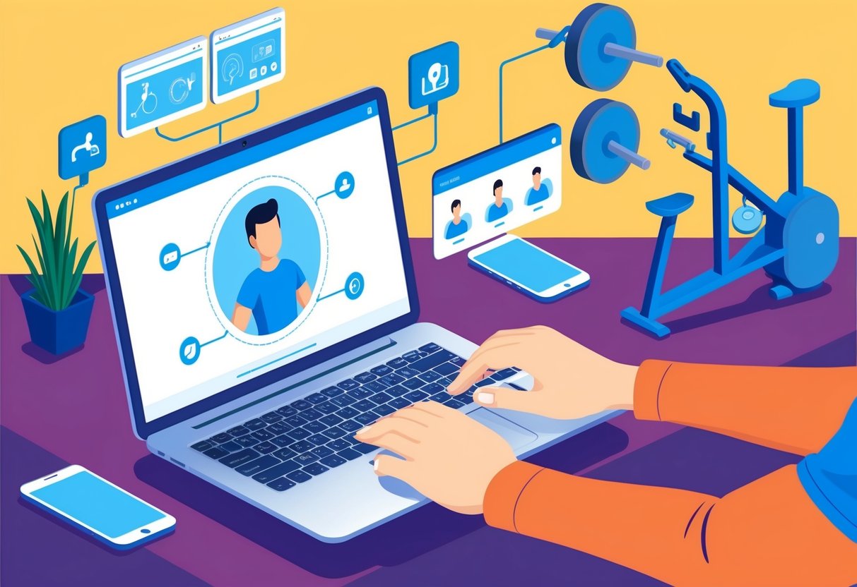 A person using a laptop to connect with a virtual personal trainer, with various fitness equipment and technology in the background