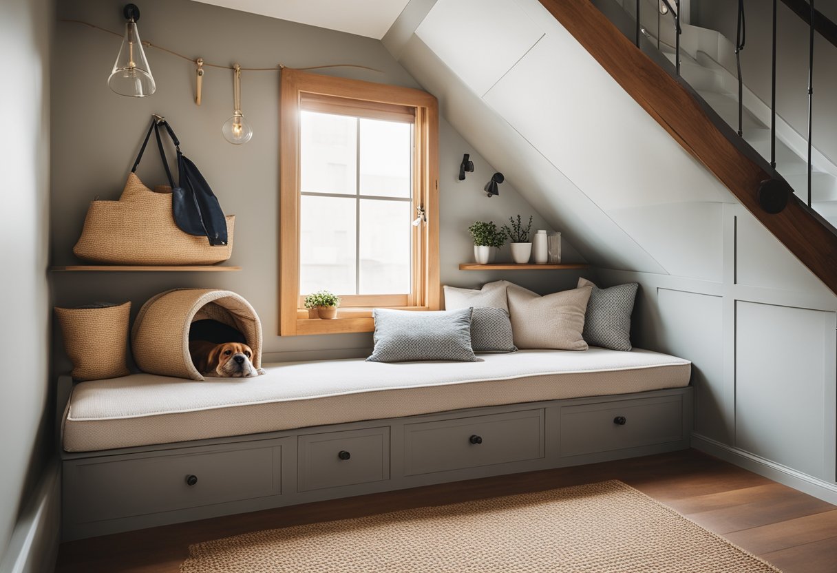 A cozy nook under the stairs with built-in shelves, hooks for leashes, and a soft bed for pets