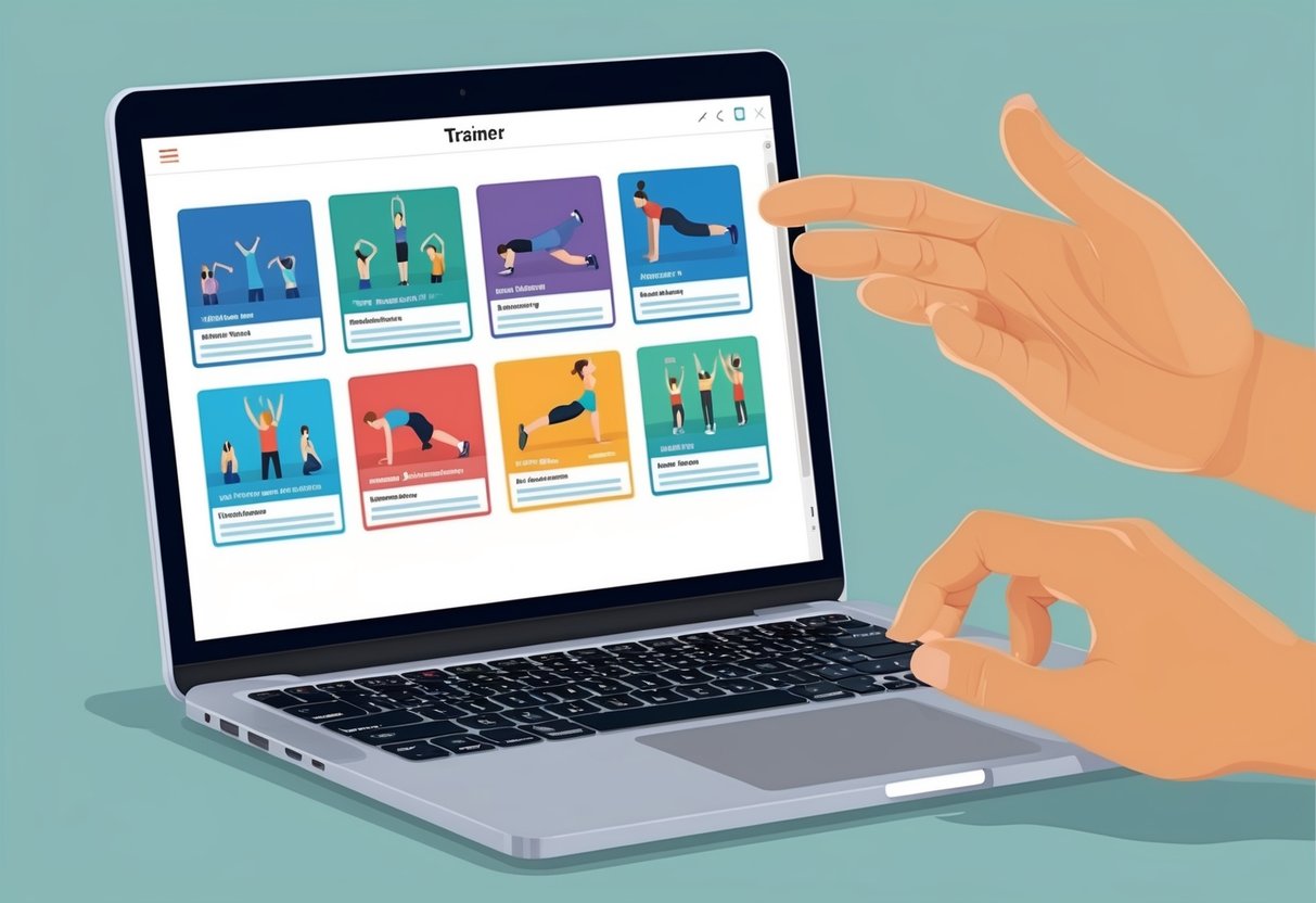 A laptop displaying various fitness training programs, with a person's hand reaching towards the screen to select a trainer