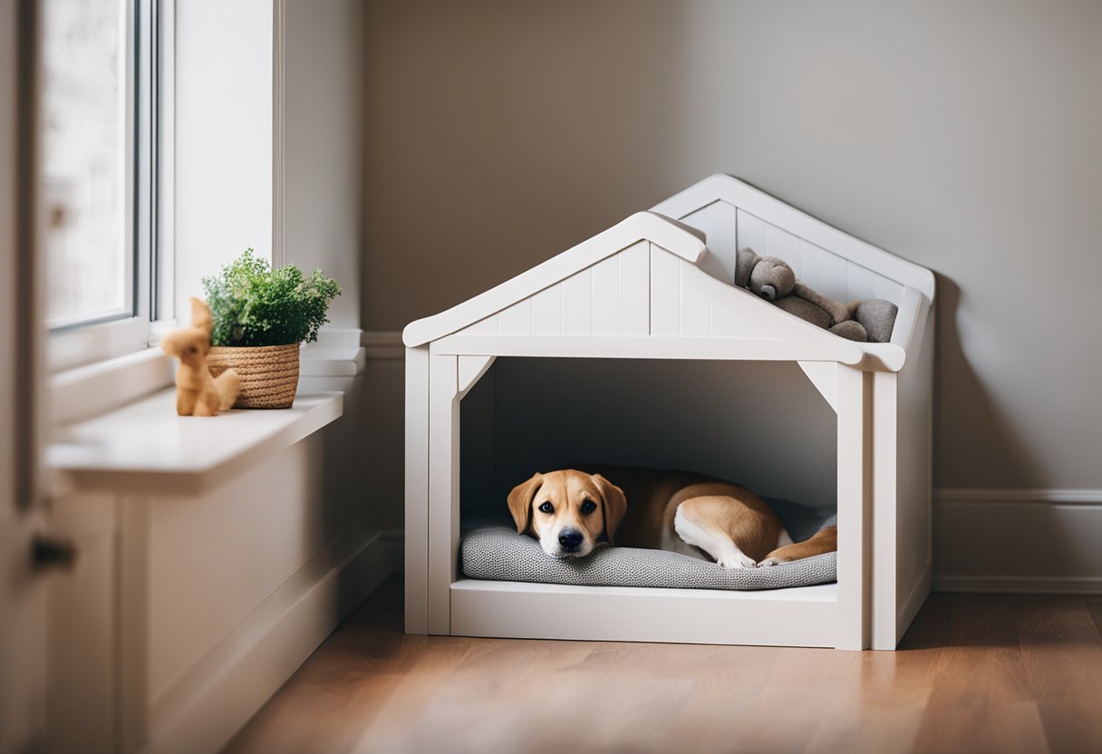 A cozy doggie nook under the stairs, complete with a soft bed, toys, and a small window for natural light