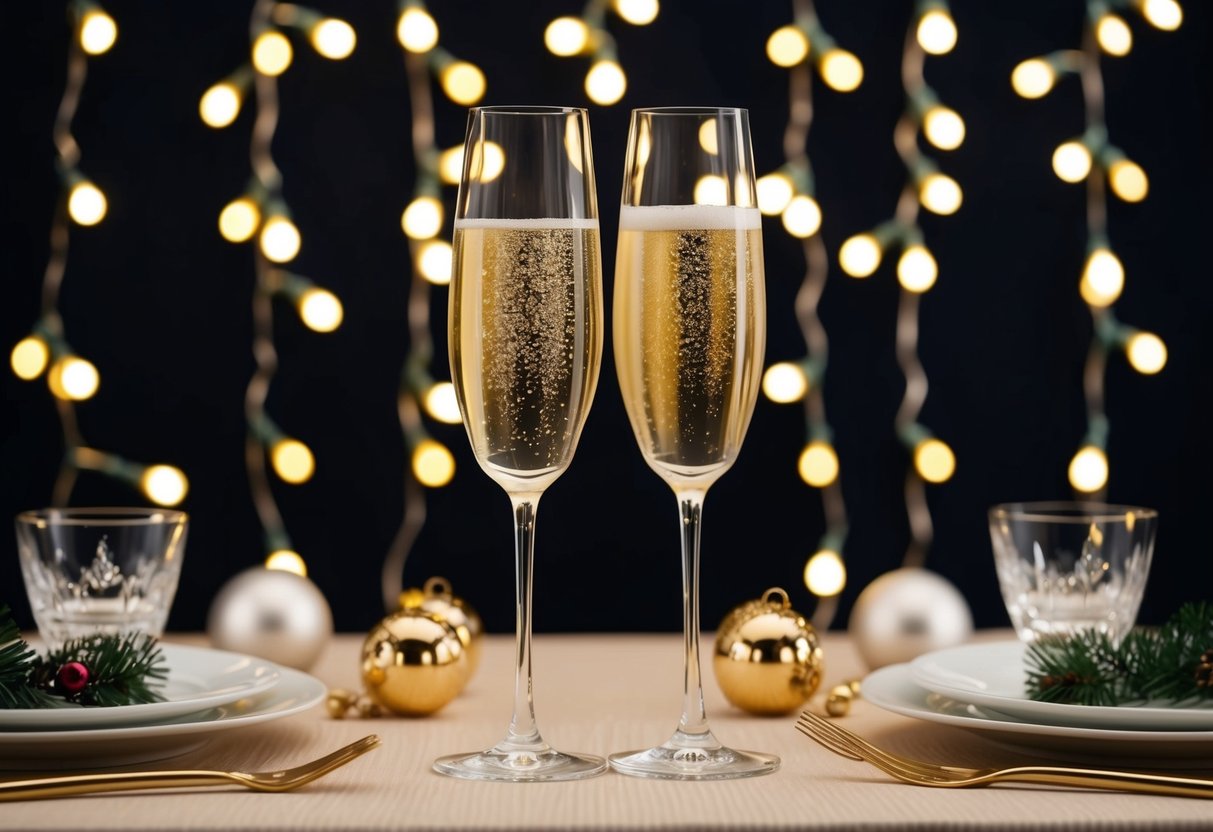 A luxurious table setting with two elegant glasses filled with sparkling champagne and prosecco, surrounded by a backdrop of twinkling lights and festive decorations