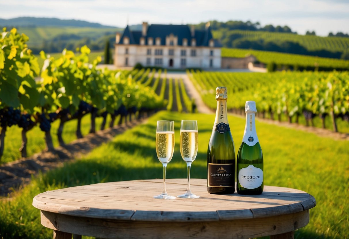 A vineyard landscape with rolling hills, grapevines, and a picturesque chateau in the background, with a bottle of champagne and a bottle of prosecco on a rustic wooden table