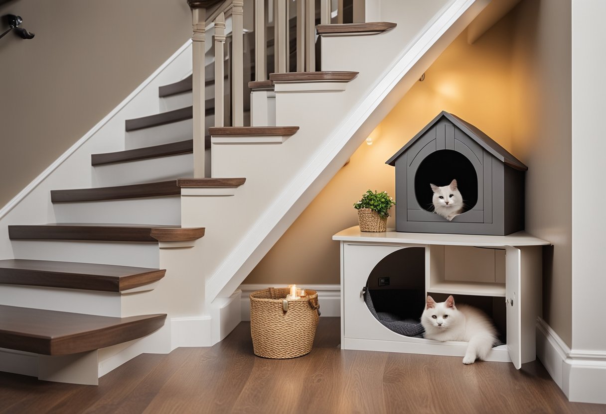 A cozy nook under the stairs with built-in pet feeding area and storage