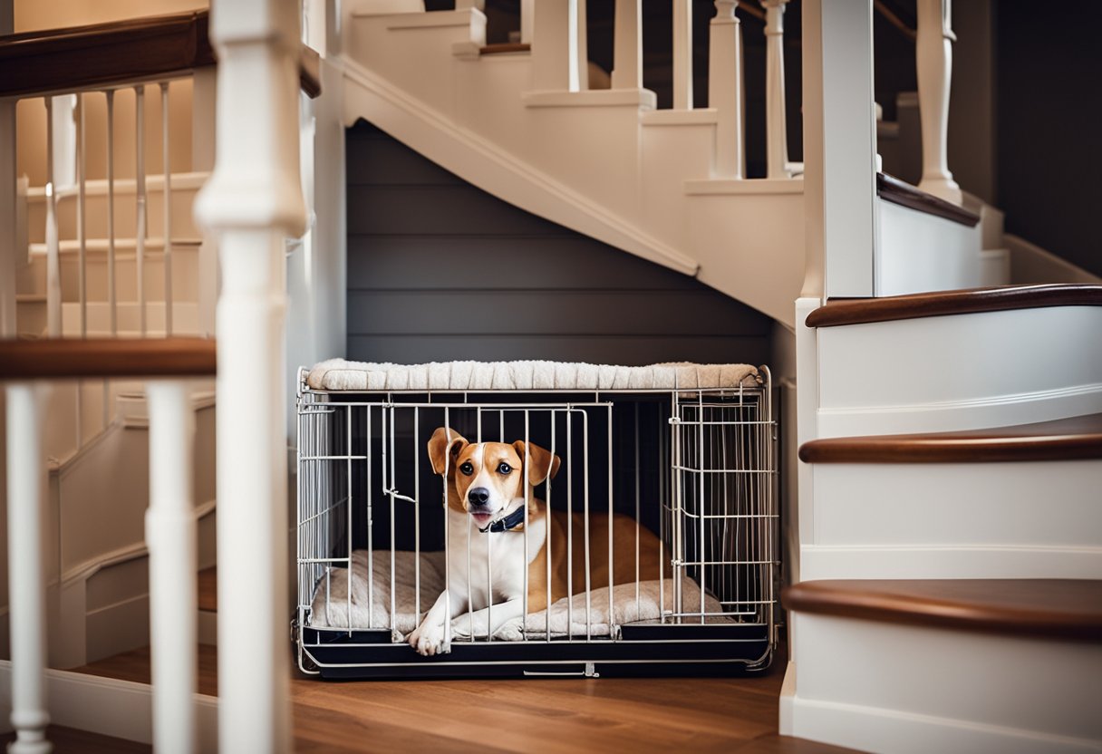 A cozy dog crate nestled beneath a staircase, with soft bedding and a custom-built nook for a furry friend to relax and feel at home