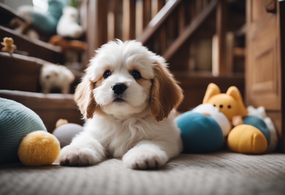 A cozy nook under the stairs, filled with soft cushions and toys, where a playful puppy explores and rests