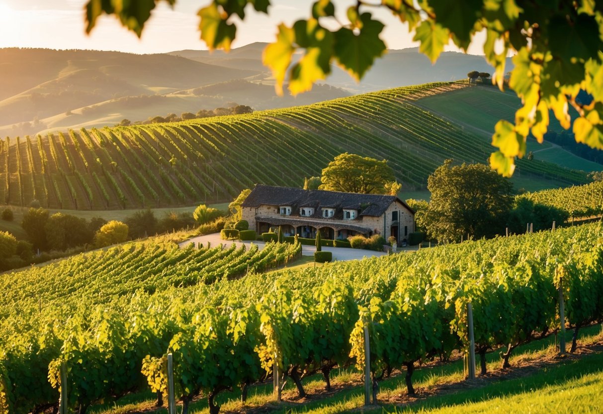 Lush vineyards stretching across rolling hills, with sun-dappled grapevines heavy with plump, ripened fruit. A rustic winery nestled in the valley, surrounded by verdant foliage and golden sunlight