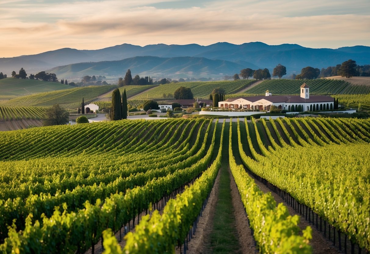 Rolling vineyard hills with lush green vines, dotted with iconic wineries and tasting rooms, set against a backdrop of the Napa Valley mountains