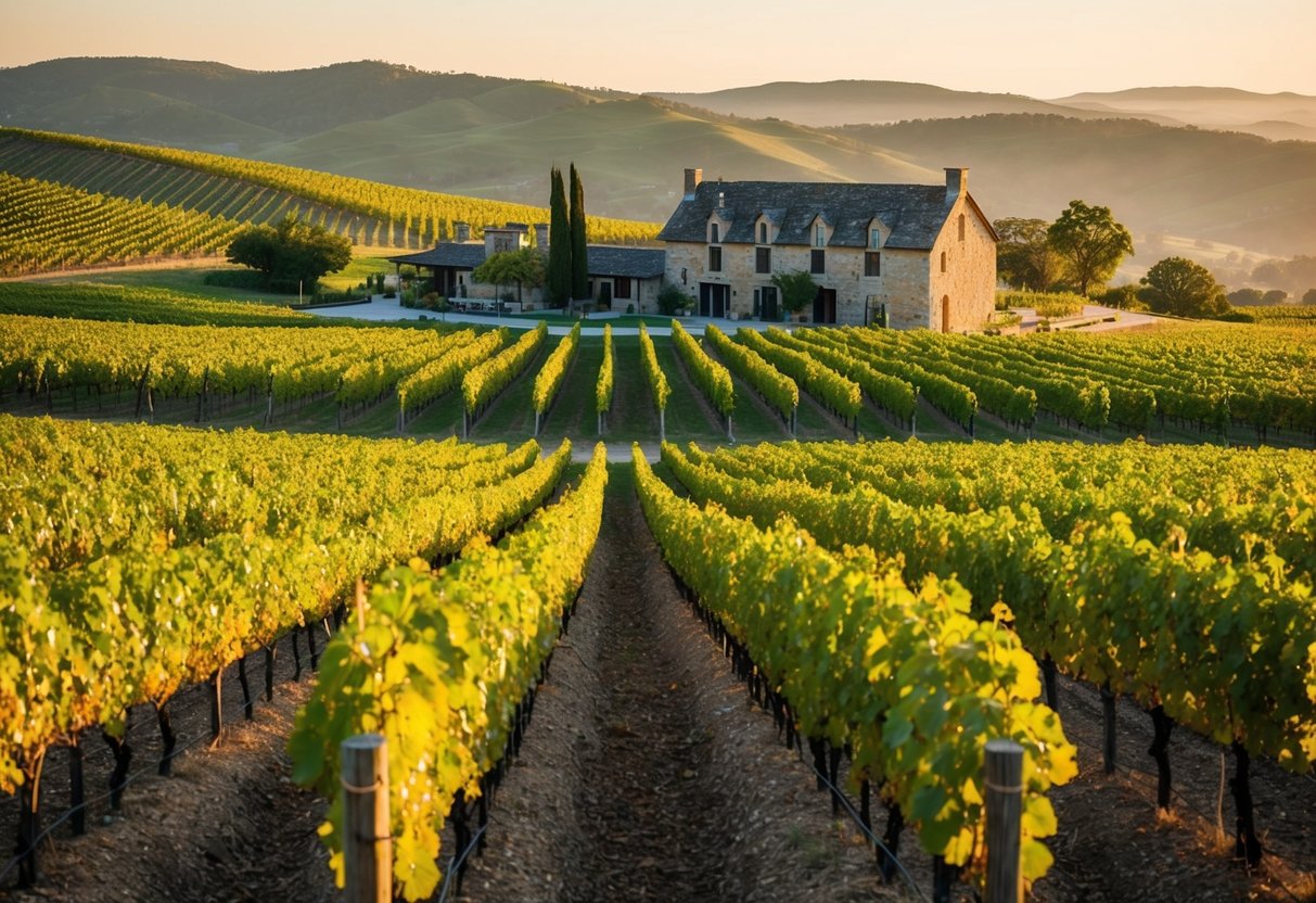 Vineyard overlooking rolling hills, with rows of grapevines bathed in golden sunlight. A rustic stone winery stands in the distance, surrounded by lush greenery