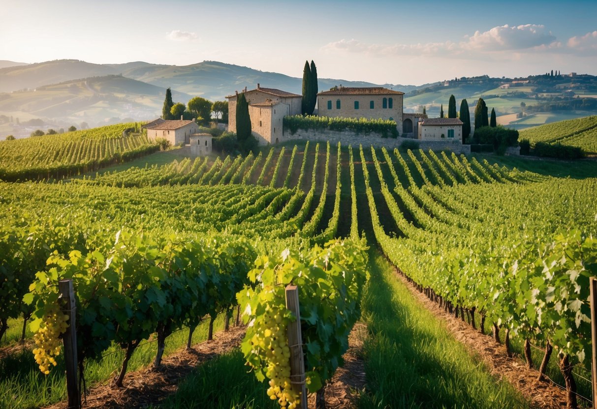 Lush vineyards sprawl across rolling hills, dotted with ancient stone buildings. Grapes hang heavy on the vines under the warm Italian sun