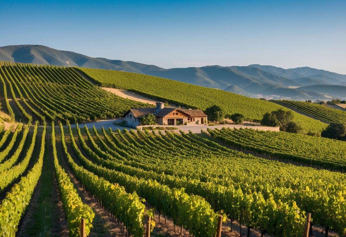 Rolling hills covered in vineyards, with rows of grapevines stretching into the distance. A rustic winery sits nestled among the vines, with a backdrop of mountains and a clear blue sky