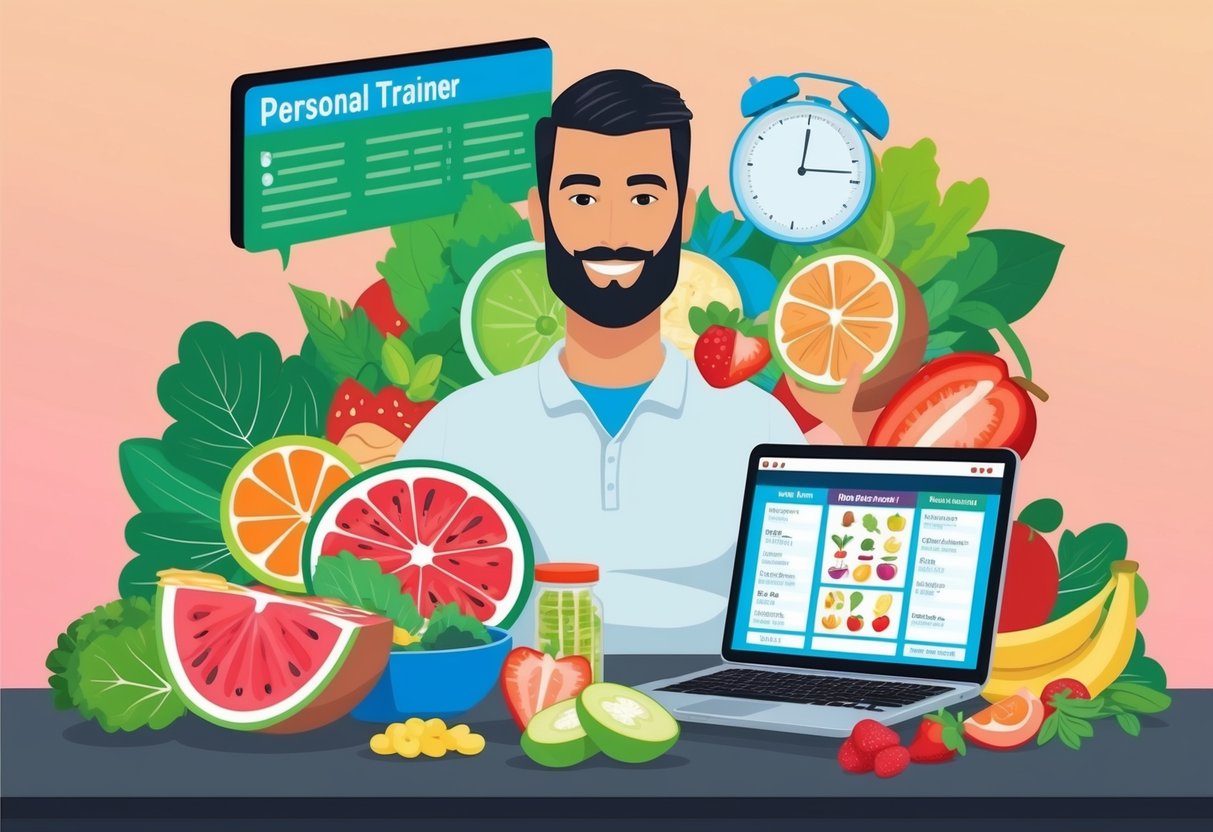 An online personal trainer surrounded by various healthy food items and a laptop displaying nutritional information