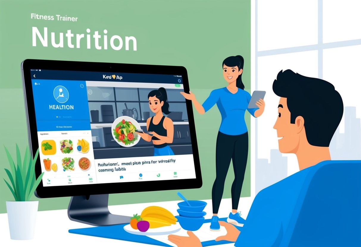 A computer screen displaying a fitness app with a nutrition section. A personal trainer is video chatting with a client, discussing meal plans and healthy eating habits
