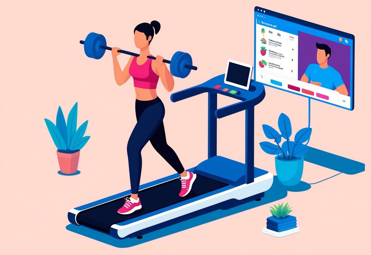 A person lifting weights while jogging on a treadmill, with a virtual personal trainer providing nutrition advice on a computer screen