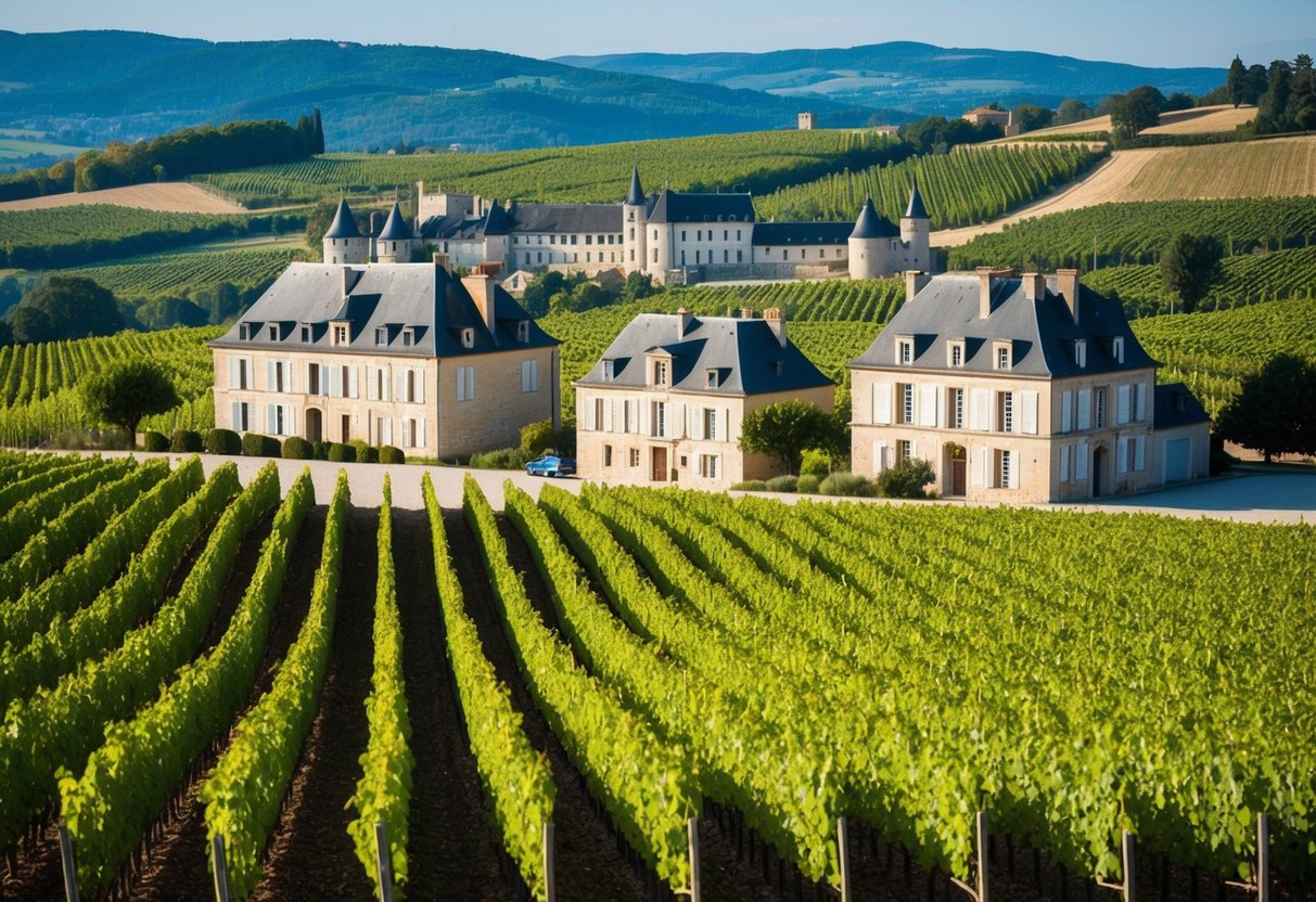 Rolling vineyard hills with quaint stone buildings, rows of grapevines, and a backdrop of picturesque chateaus in famous French wine regions