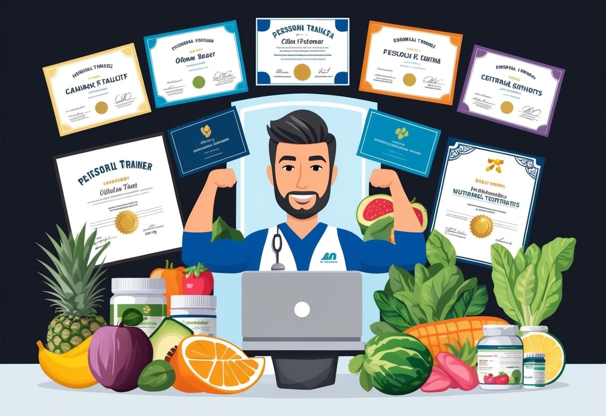 An online personal trainer surrounded by various certificates and diplomas, alongside a collection of high-quality, fresh produce and nutritional supplements