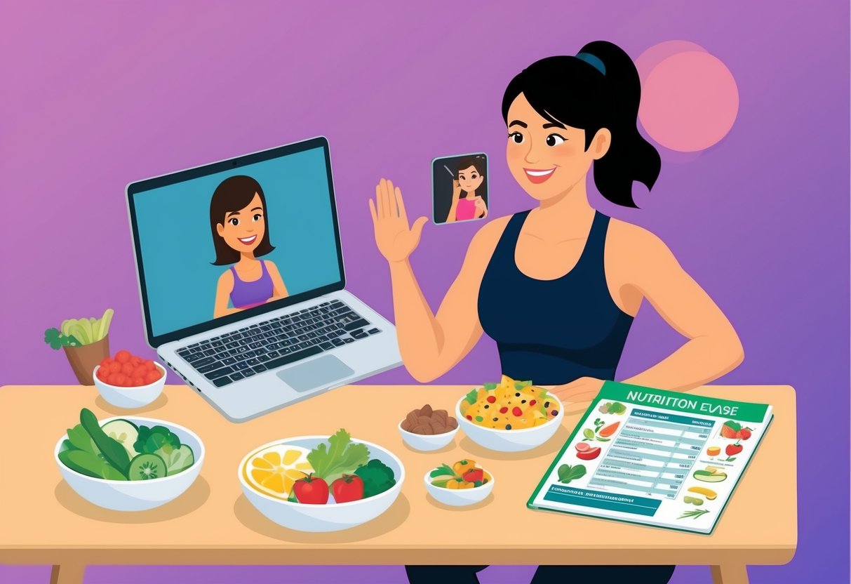A fitness trainer using a laptop to video chat with a client, while a table displays various healthy food options and a nutrition guide