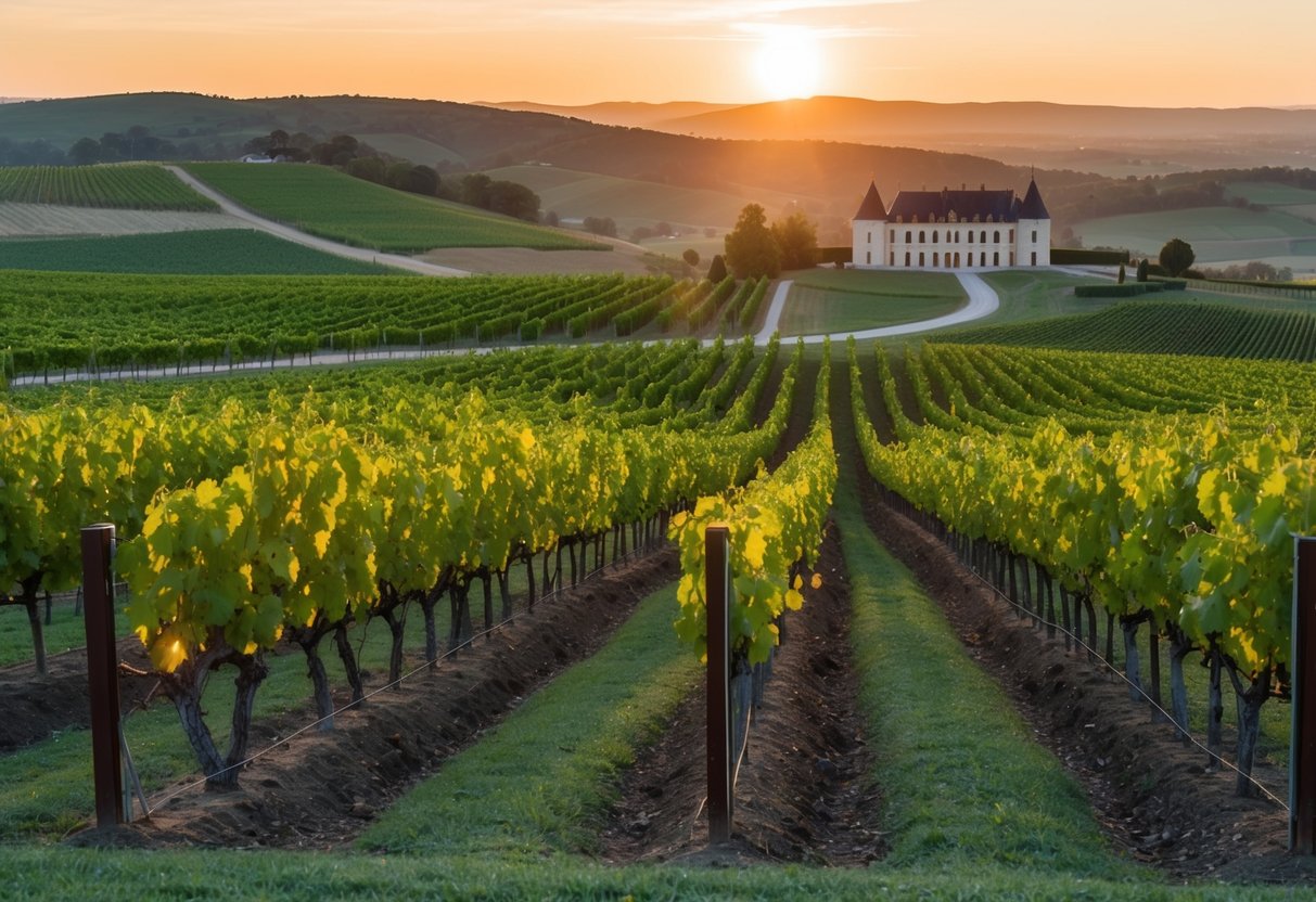 Vineyard with rolling hills, rows of grapevines, and a chateau in the distance. Sun setting over the landscape