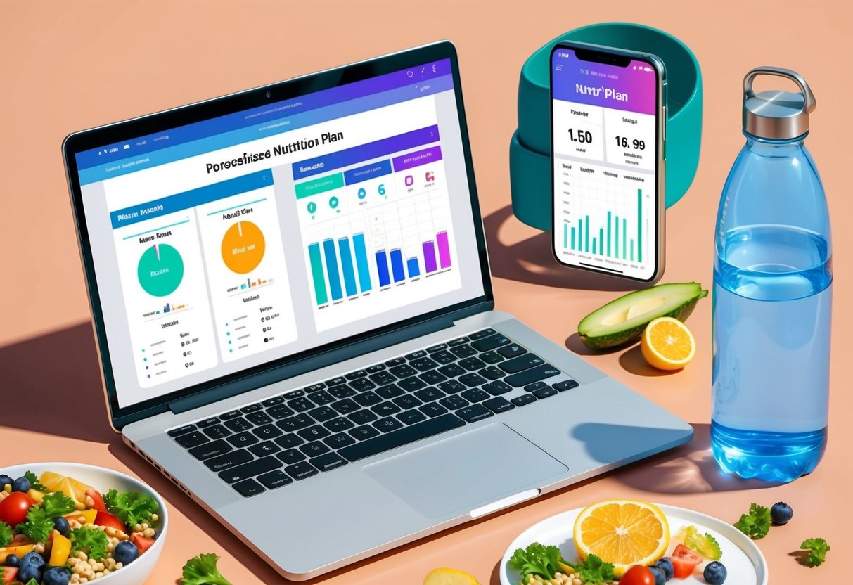 A laptop displaying a personalized nutrition plan next to a fitness tracker with progress charts, surrounded by healthy food and a water bottle