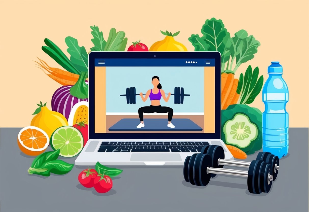 A laptop displaying a virtual personal training session, surrounded by fresh fruits and vegetables, a water bottle, and a set of dumbbells
