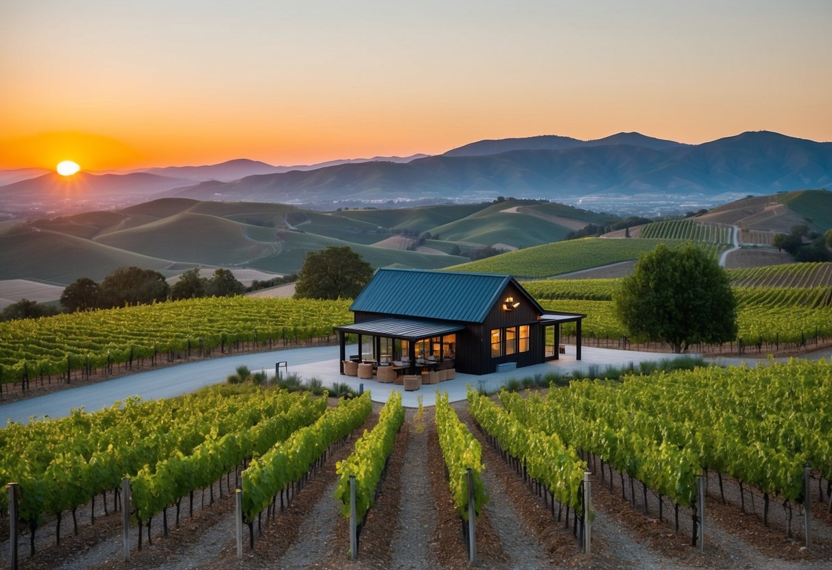 Vineyard overlooking rolling hills, with rows of grapevines and a quaint tasting room. Sun setting behind mountains in the distance