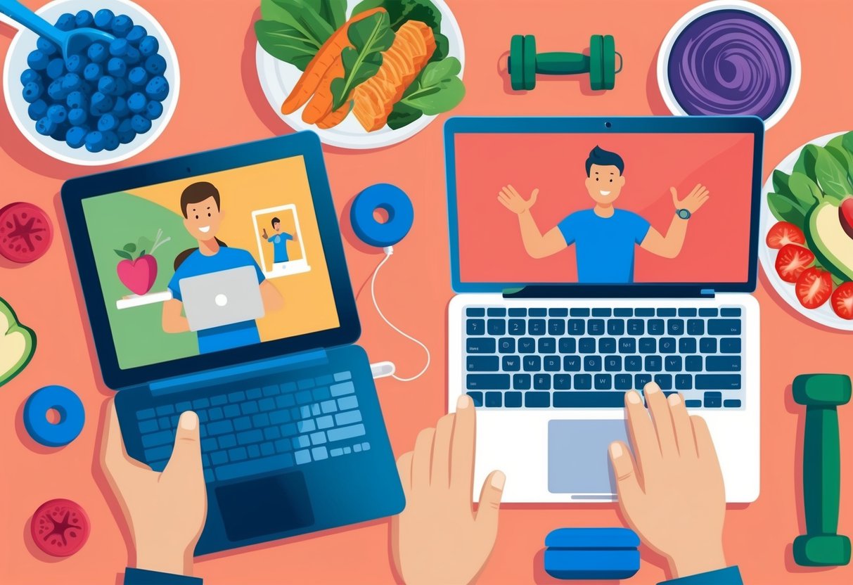 A person using a laptop to video call a personal trainer while surrounded by healthy food and workout equipment