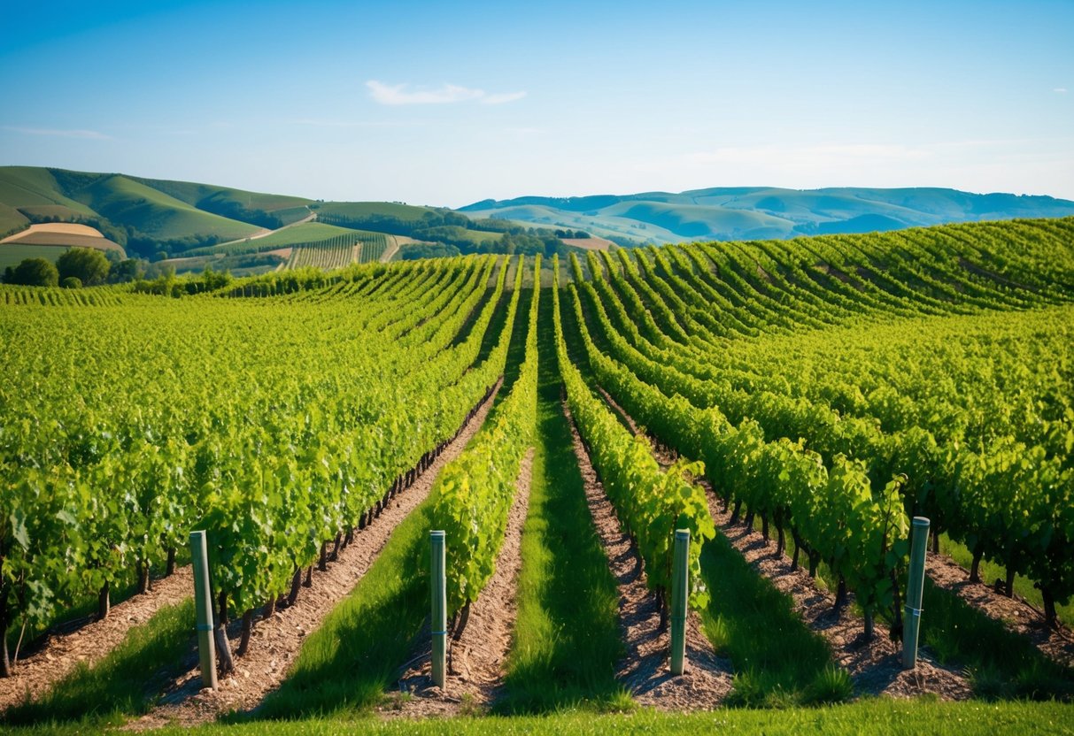 Lush green vineyard with rows of grapevines stretching into the distance, surrounded by rolling hills and a clear blue sky