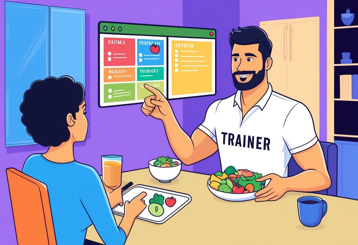 An online personal trainer pointing to a healthy meal plan while discussing nutrition with a client via video call