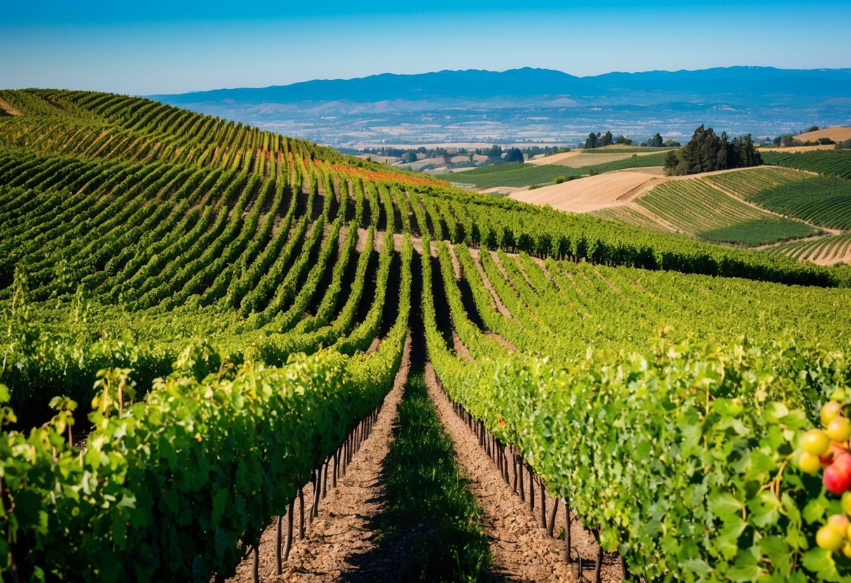 Lush vineyards in Oregon and California, with rolling hills and grapevines stretching across the landscape. Rich colors of red and white grapes under a clear blue sky