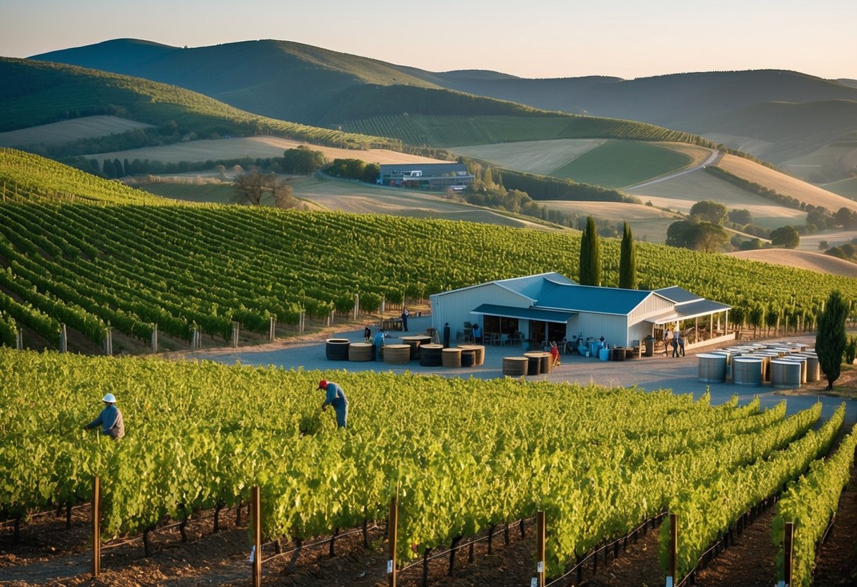 Vineyards stretching across rolling hills, with workers tending to the grapevines. Wineries dot the landscape, with barrels and tasting rooms bustling with activity