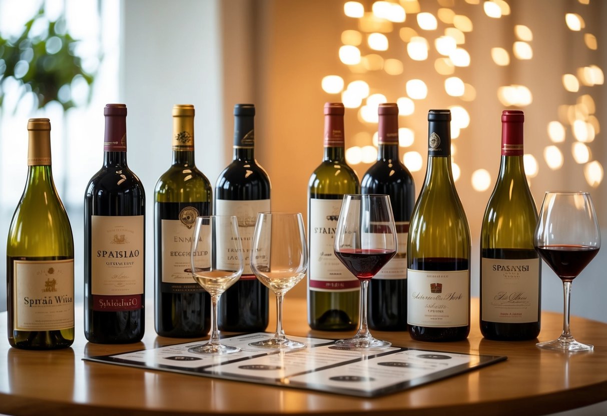 A table with various Spanish wine bottles, accompanied by glasses and a tasting guide