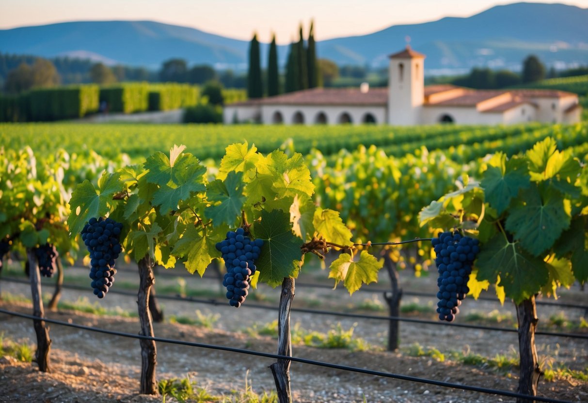 A vineyard with rows of grapevines, each bearing different varieties of grapes, with a winery in the background producing various styles of Spanish wine