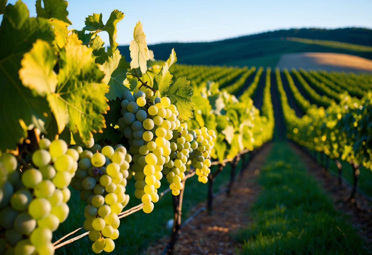 A lush vineyard with rows of ripe, plump grapes, bathed in warm sunlight, with a backdrop of rolling hills and a clear blue sky