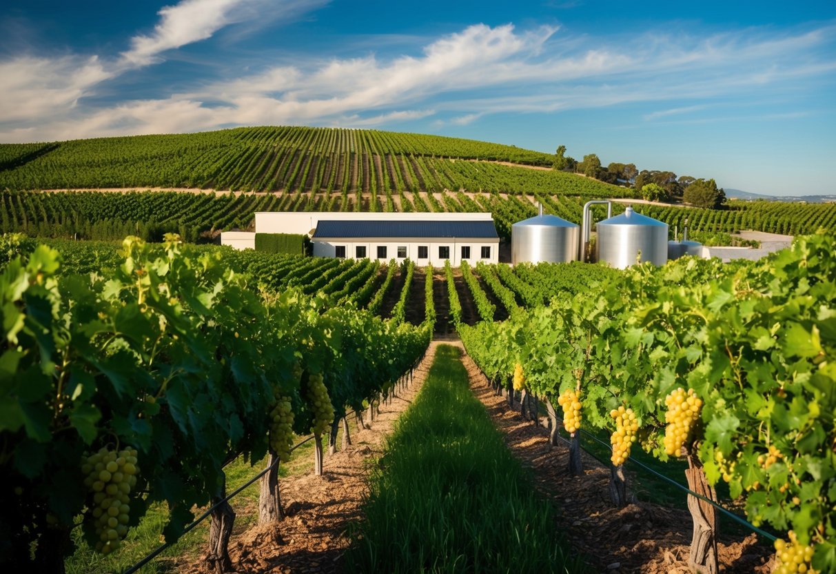 Lush vineyard with rolling hills, grapevines heavy with ripe fruit. A winery with oak barrels and stainless steel tanks. Sun-dappled landscape