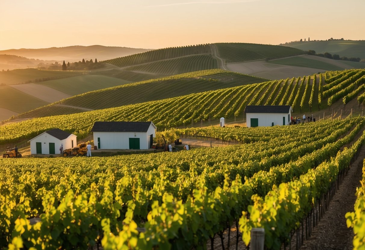 Rolling hills of vineyards under a golden sun, with small wineries dotting the landscape and workers tending to the grapevines