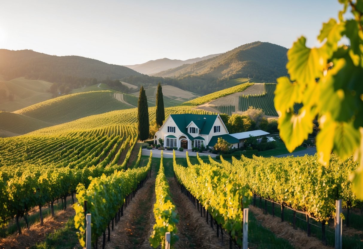 Rolling hills dotted with vineyards, bathed in warm sunlight. A quaint winery nestled among the lush greenery, with mountains looming in the distance