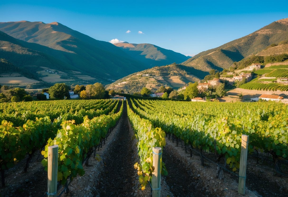 Vineyard nestled in Andean mountains, rows of lush grapevines basking in sunlight, with a backdrop of rolling hills and clear blue skies