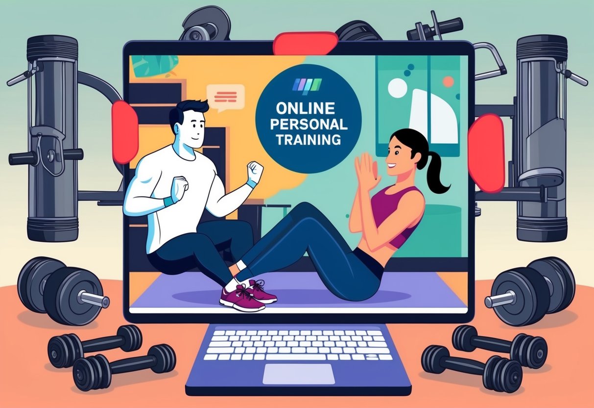 A beginner surrounded by workout equipment, following an online personal training program on a laptop. A virtual trainer guides them through exercises