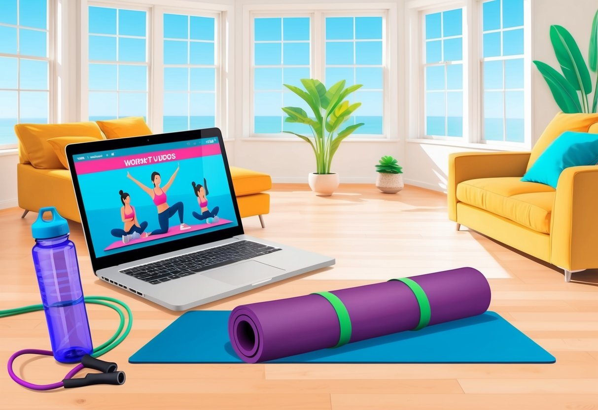 A laptop with workout videos, a water bottle, resistance bands, and a yoga mat in a bright, open living room with large windows