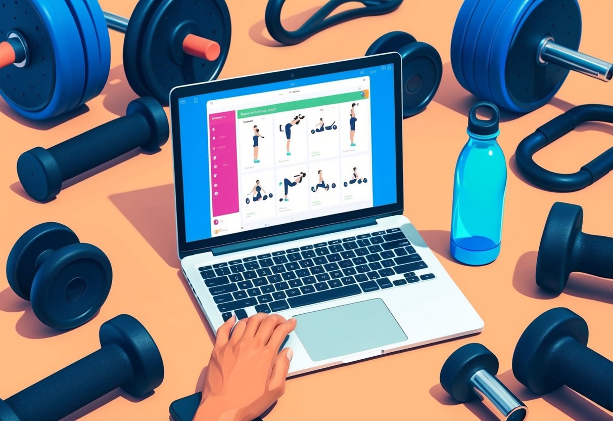 A laptop with a fitness app open, surrounded by workout equipment and water bottle. A beginner's exercise plan displayed on the screen