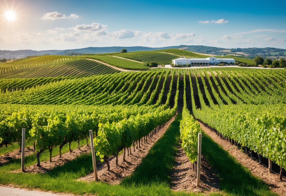 Vineyard with rolling hills, rows of grapevines, and a winery in the distance. Sunny sky and lush greenery