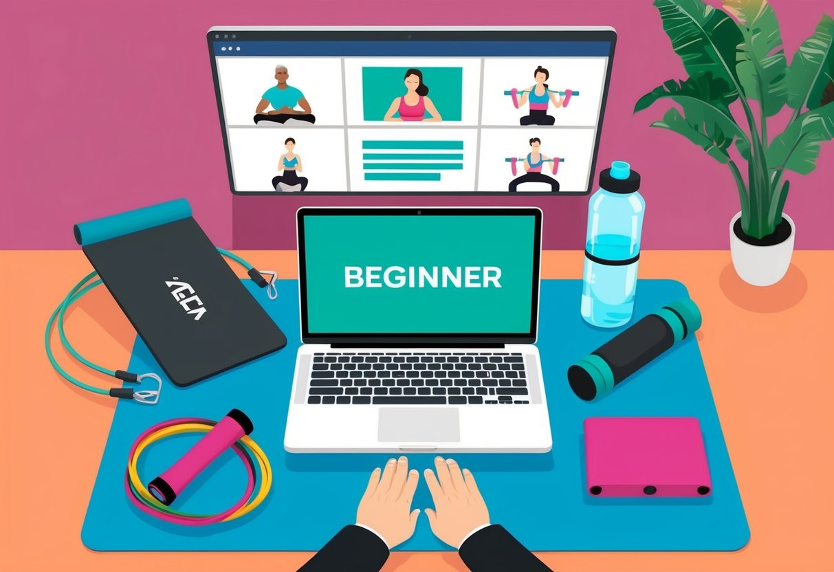 A beginner surrounded by a laptop, workout mat, resistance bands, and a water bottle, following an online personal training session