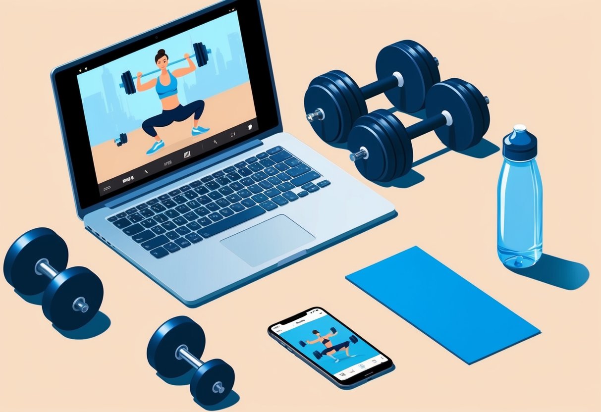 A laptop with a workout video playing, a set of dumbbells, a yoga mat, a water bottle, and a smartphone with a fitness app open
