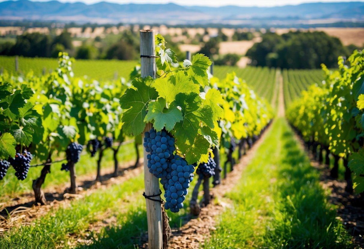 A vineyard with rows of lush grapevines, each bearing different varieties of grapes, set against the backdrop of the South African countryside