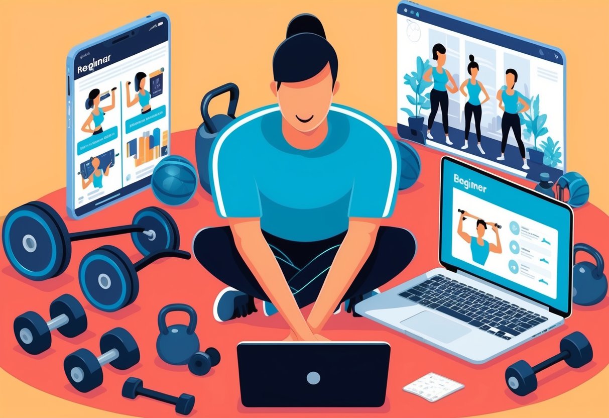 A beginner surrounded by fitness equipment and a laptop, following an online personal training program with guidance and support
