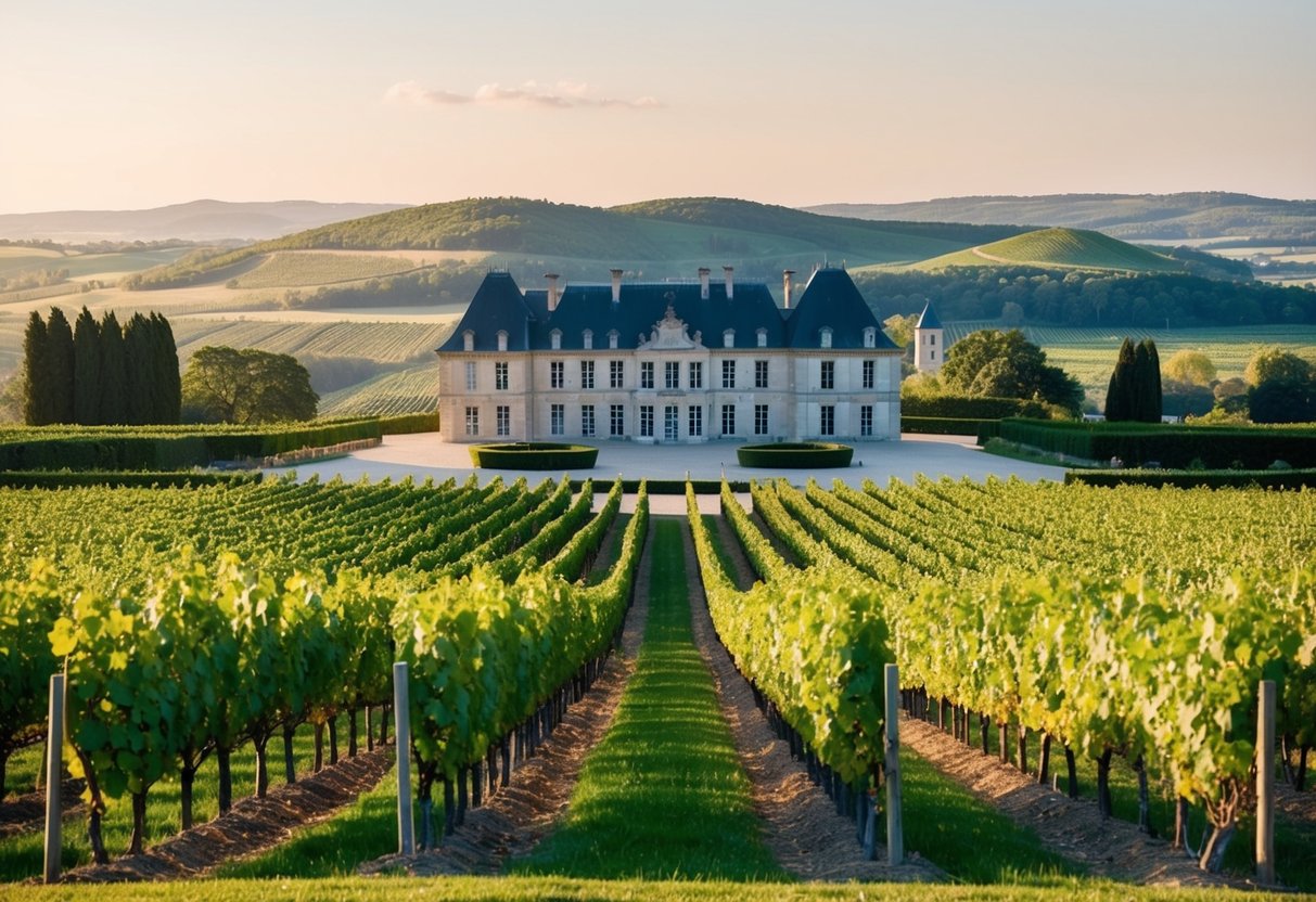 Lush vineyards in Bordeaux, with rolling hills and chateau in the distance. Rows of grapevines lead to a grand winery building