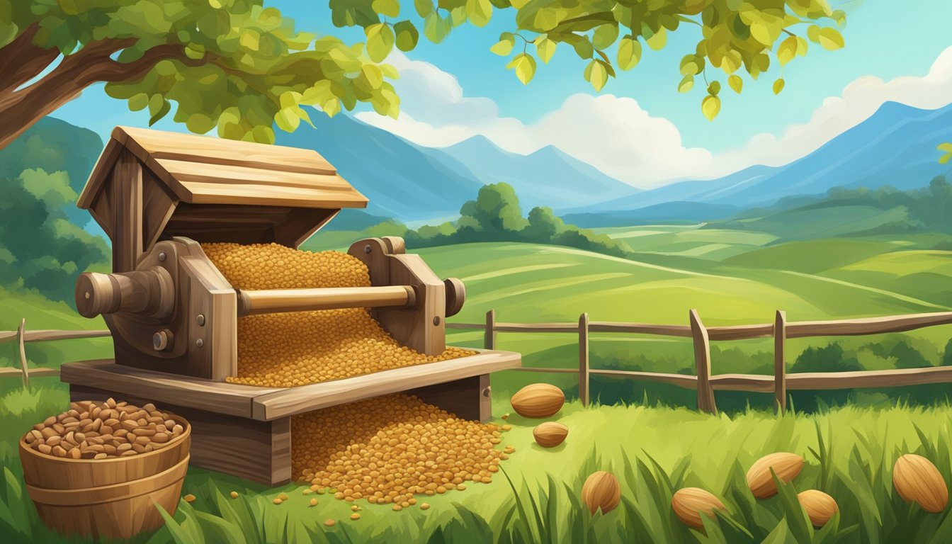 A rustic wooden press extracting oil from a variety of seeds and nuts, with a backdrop of lush green fields and a clear blue sky