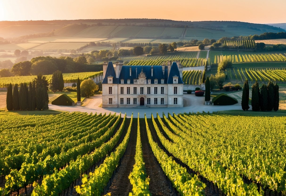 A picturesque vineyard landscape with grand châteaux, rolling hills, and rows of grapevines, showcasing the iconic wines of Bordeaux