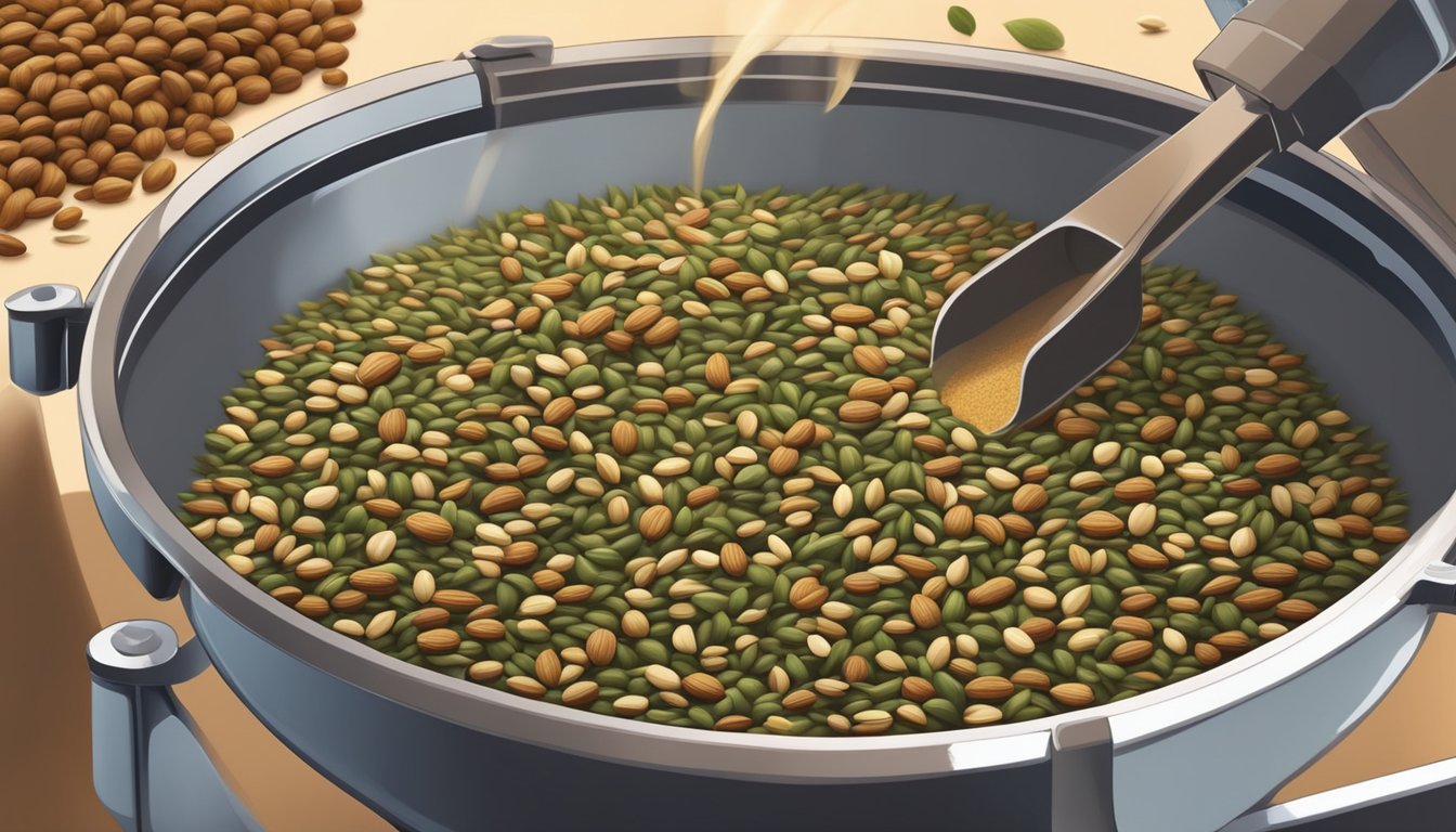 A variety of seeds and nuts are being pressed to extract oil, with a serene and natural setting in the background