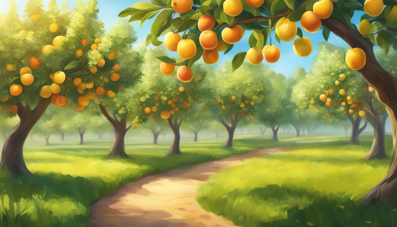 A serene orchard with abundant, ripe fruits hanging from lush, healthy trees, bathed in warm sunlight