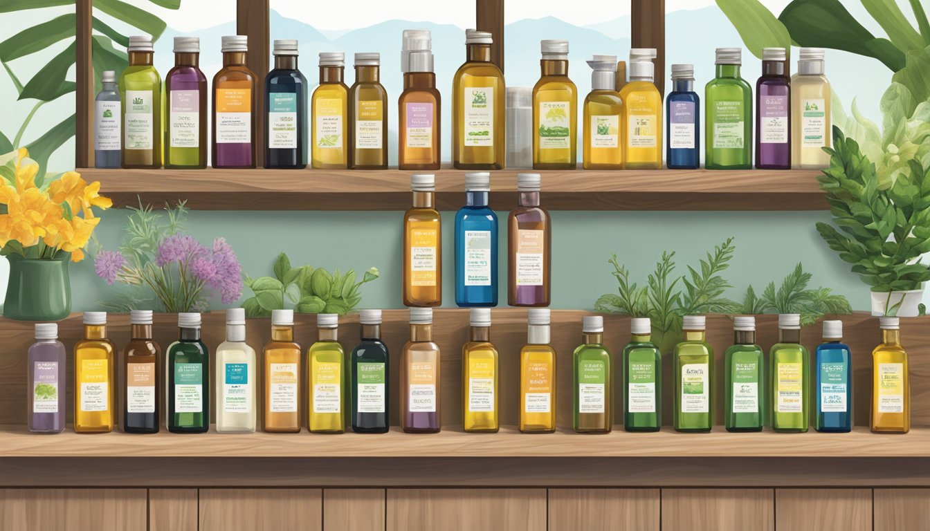 A variety of colorful bottles of Aura Cacia cold pressed oils arranged on a wooden display shelf, surrounded by vibrant botanicals and natural elements